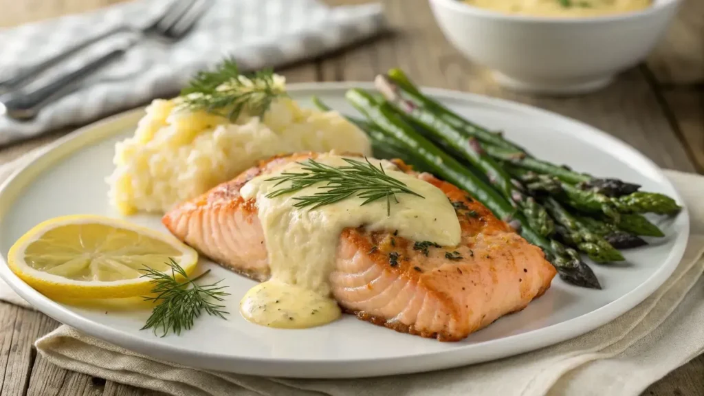 Baked salmon with mayonnaise: 5 Easy Steps To Make It 2 A plated serving of baked salmon with a golden mayonnaise topping, served with roasted asparagus and mashed potatoes.