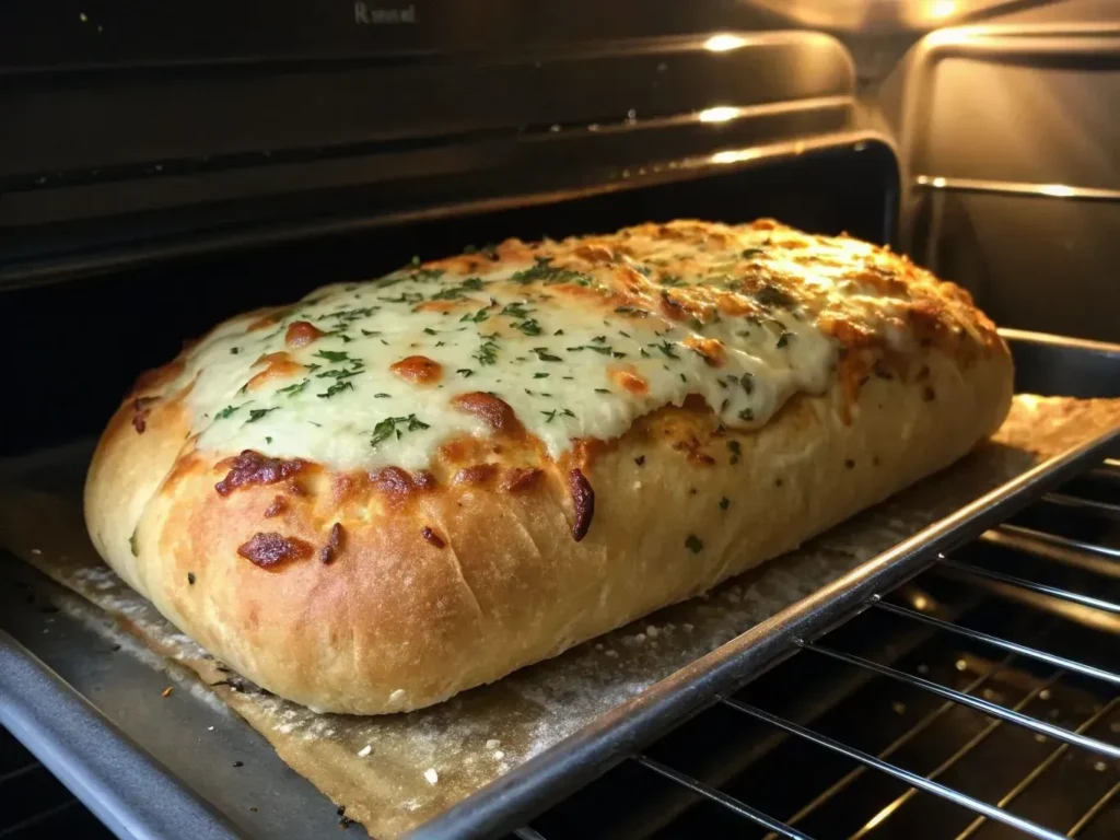 Italian herbs and cheese bread : 4 Easy Steps To Make It 5 Italian Herbs and Cheese Bread baking in an oven, with cheese bubbling and turning golden brown.