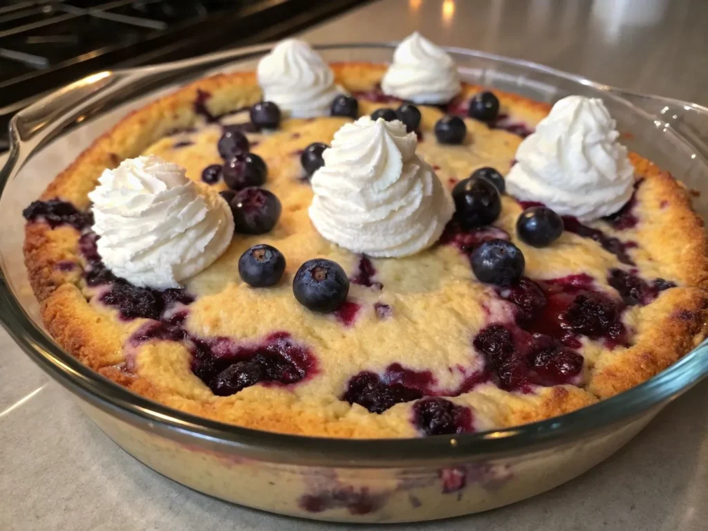 Blueberry Cheesecake Dump Cake: 5 Easy Steps To Make It 2 A plated serving of Blueberry Cheesecake Dump Cake with golden crumble, fresh blueberries, and ice cream.