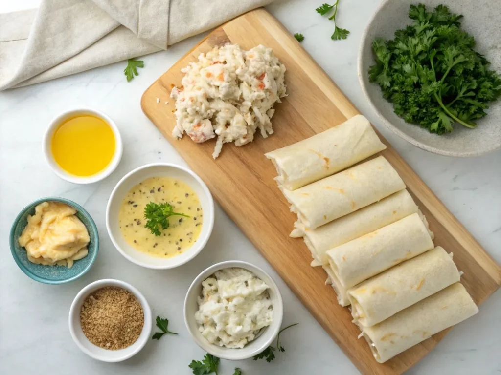 Crab Cake Egg Rolls: 4-Step Guide to the Ultimate Crunch 2 Crab Cake Egg Roll recipe; Fresh lump crab meat, egg roll wrappers, mayonnaise, Dijon mustard, and spices displayed