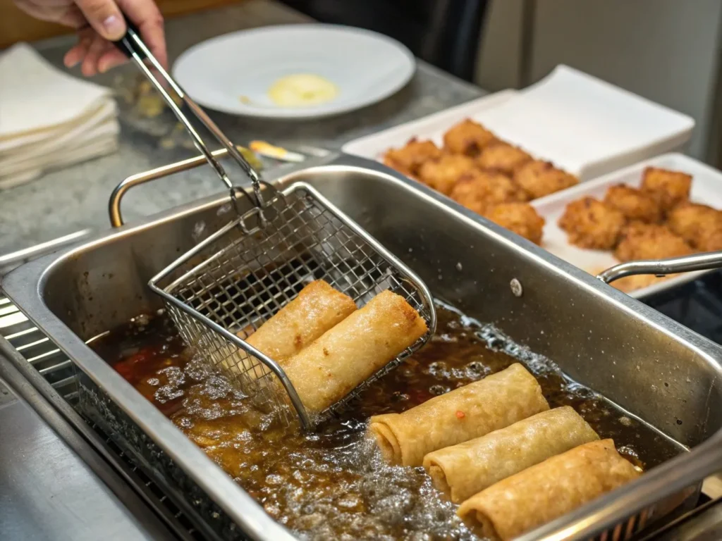 Crab Cake Egg Rolls: 4-Step Guide to the Ultimate Crunch 5 Hot oil bubbling around Crab Cake Egg Rolls as they fry to golden perfection, with tongs lifting a roll onto paper towels.