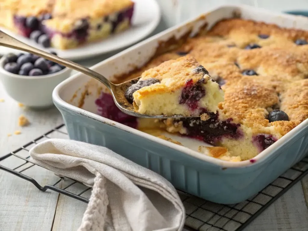 Blueberry Cheesecake Dump Cake: 5 Easy Steps To Make It 6 A freshly baked Blueberry Cheesecake Dump Cake in a dish with a golden crumbly topping.
