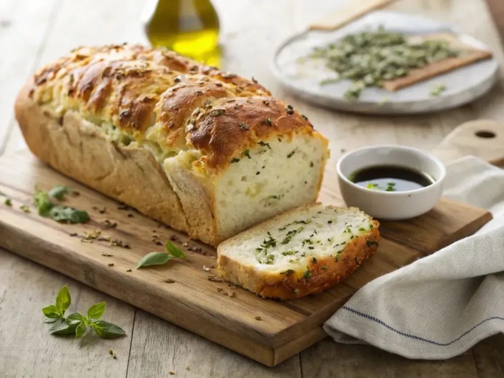Italian herbs and cheese bread : 4 Easy Steps To Make It 2 Freshly baked Italian Herbs and Cheese Bread with a golden crust, sprinkled with herbs and melted cheese, served on a wooden board.