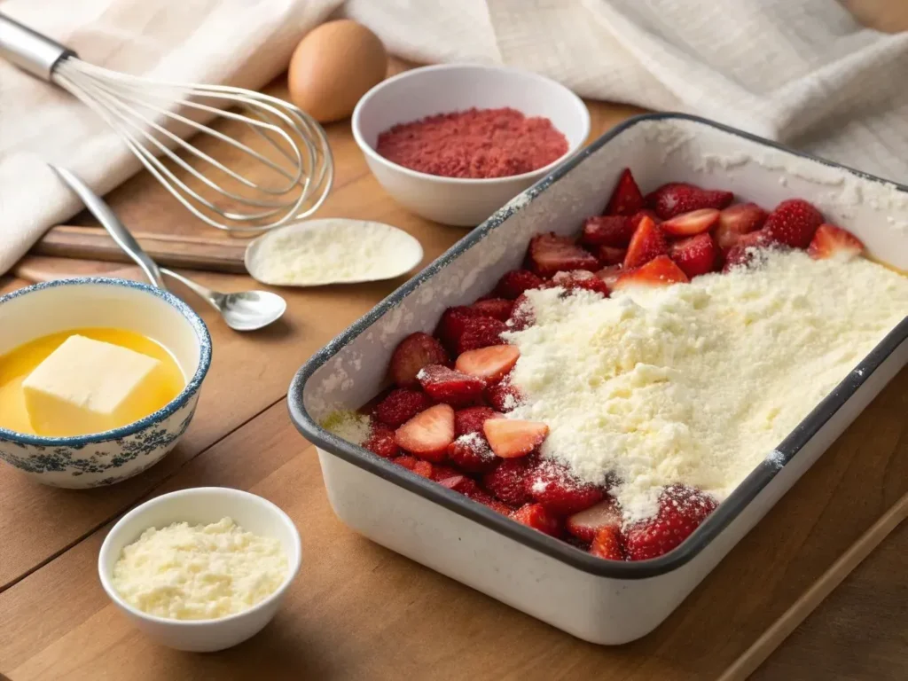 Strawberry Cheesecake Dump Cake: 5 Easy Steps To Make It 5 A baking dish filled with strawberries, cheesecake, and cake mix, ready to bake.