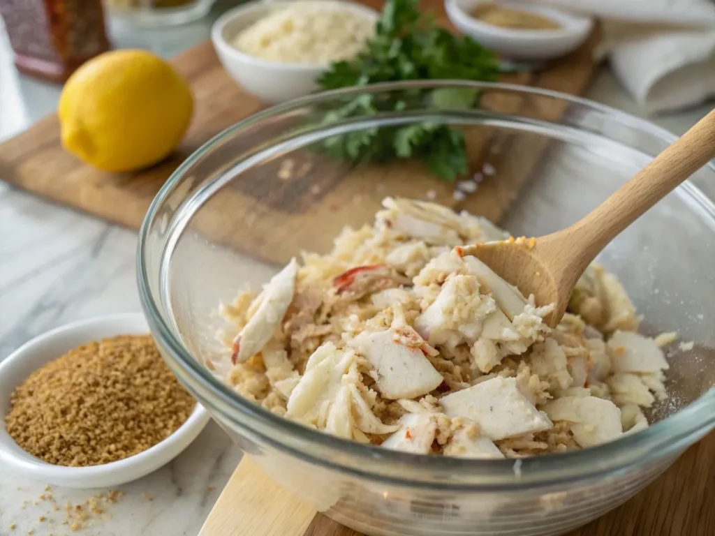 Crab Cake Egg Rolls: 4-Step Guide to the Ultimate Crunch 3 Fresh crab meat being mixed with breadcrumbs, mayonnaise, and spices in a glass bowl.