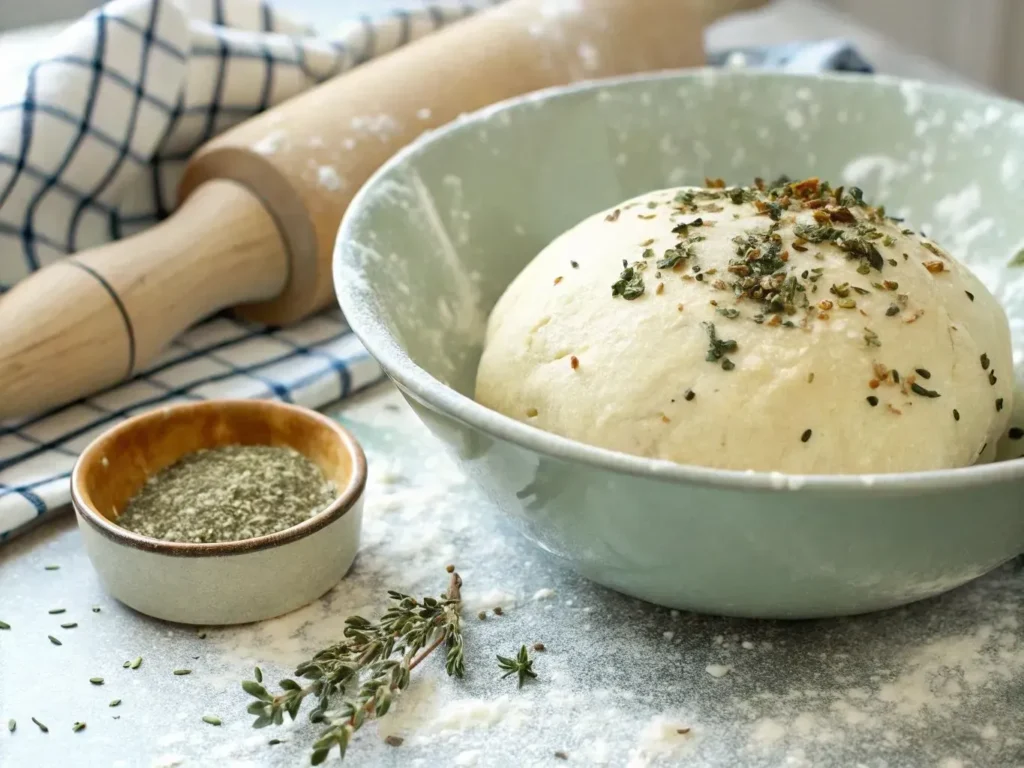 Italian herbs and cheese bread : 4 Easy Steps To Make It 3 A ball of freshly kneaded dough resting in a bowl, sprinkled with dried Italian herbs, ready for proofing.