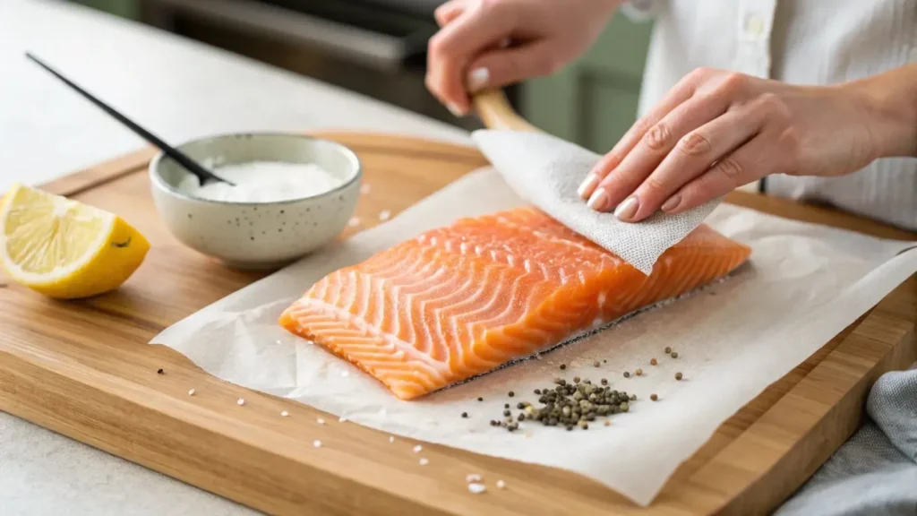 Baked salmon with mayonnaise: 5 Easy Steps To Make It 3 A raw salmon fillet being prepared with salt and pepper on a wooden cutting board.