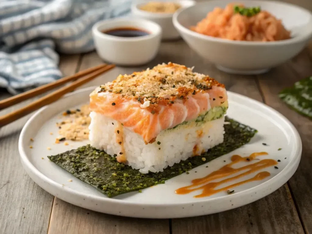 Salmon Sushi Bake: 5 Easy Steps To Make It 2 A plated portion of Salmon Sushi Bake with visible layers, spicy mayo, and nori sheets on the side.