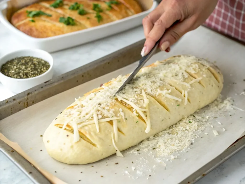Italian herbs and cheese bread : 4 Easy Steps To Make It 4 A shaped bread loaf on a parchment-lined baking sheet, brushed with butter and sprinkled with shredded cheese and herbs.