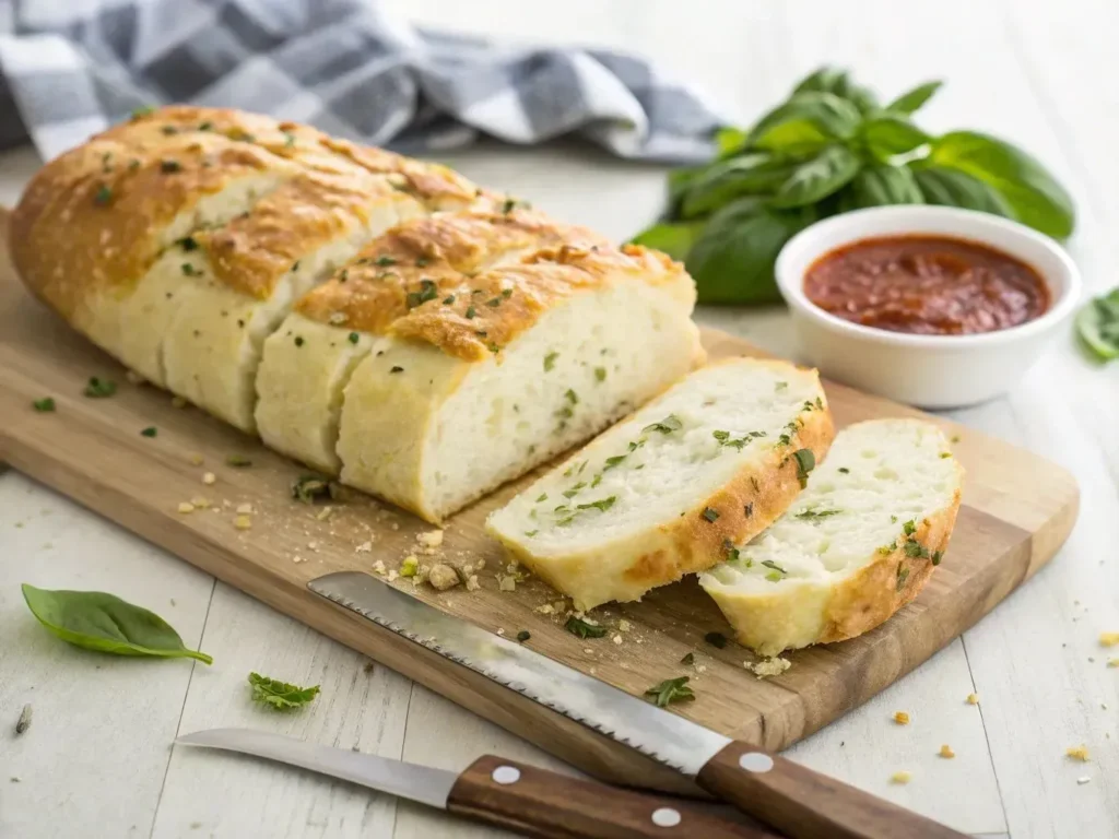 Italian herbs and cheese bread : 4 Easy Steps To Make It 6 Slices of Italian Herbs and Cheese Bread on a wooden board, with melted cheese stretching between slices.