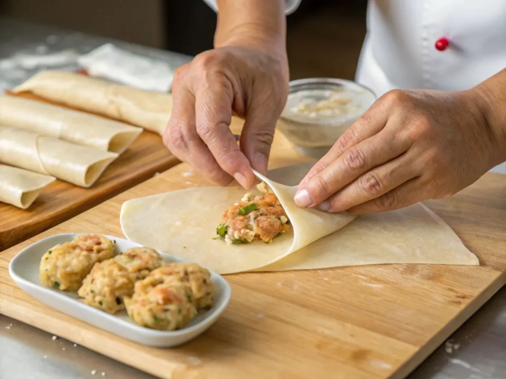 Crab Cake Egg Rolls: 4-Step Guide to the Ultimate Crunch 4 Chef folding a Crab Cake Egg Roll on a wooden board, with pre-wrapped rolls in the background.