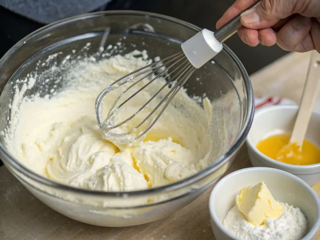 Strawberry Cheesecake Dump Cake: 5 Easy Steps To Make It 4 A mixing bowl with a creamy cheesecake filling being prepared for a dump cake.