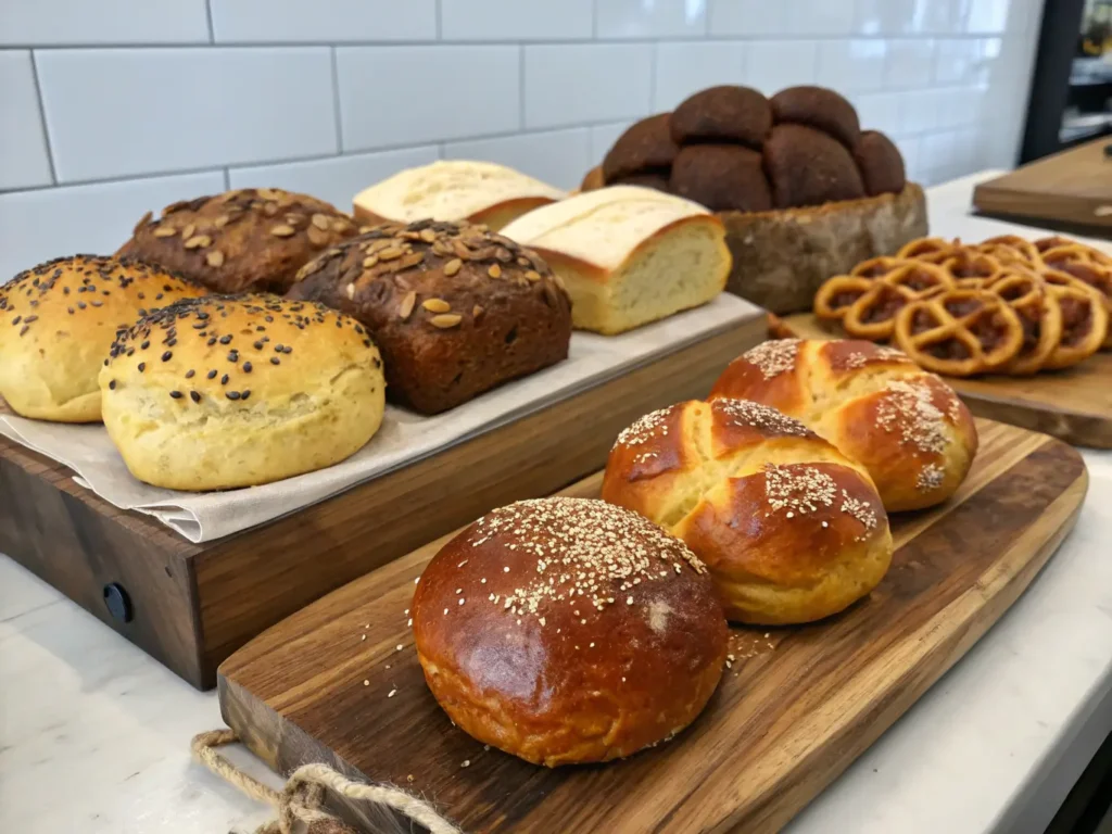 Steakette Burger: 7 Quick Tips for Best Gourmet Taste 4 A selection of freshly baked artisanal bread, including golden brioche buns topped with sesame seeds, whole grain loaves with sunflower seeds, and rustic pretzels, beautifully displayed on wooden boards.
