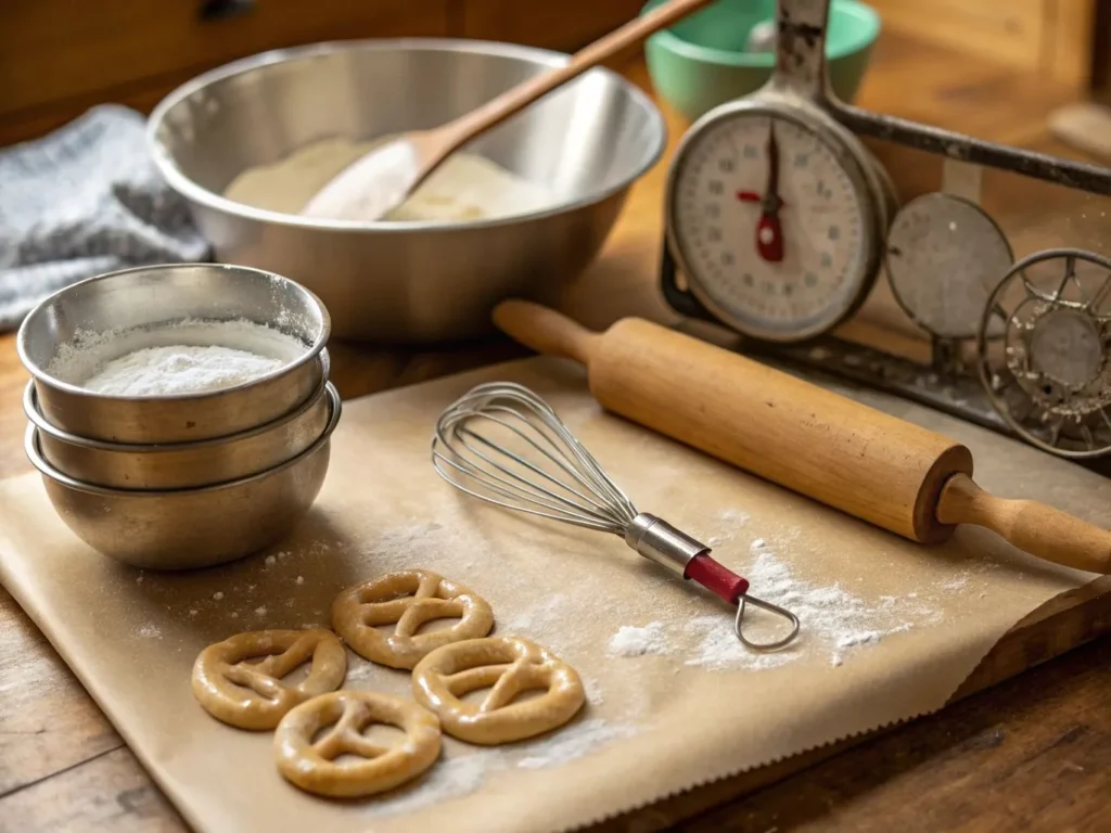 Baking Pretzels Kitchen Tools A collection of essential kitchen tools for baking pretzels, including a baking sheet, dough scraper, pastry brush, mixing bowl, and coarse salt, neatly arranged on a countertop.