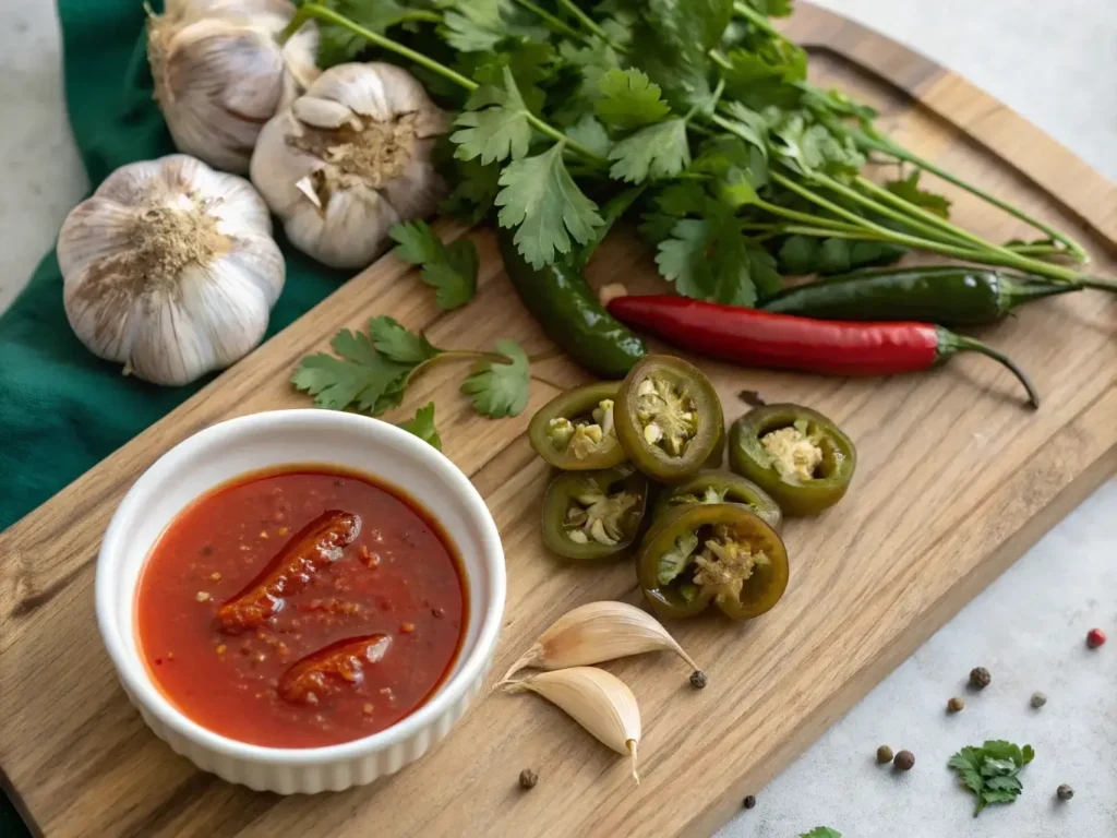 Steakette Burger: 7 Quick Tips for Best Gourmet Taste 5 A vibrant selection of fresh and pickled jalapeños, red and green chilies, garlic, and cilantro on a wooden board, alongside a bowl of rich, spicy red sauce with whole chili peppers.