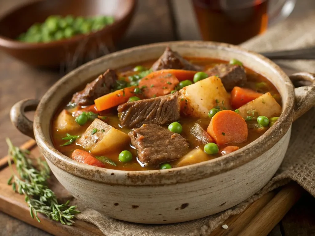 Beef Knuckle Bones: 10 Tasty Uses for Nutrient-Rich Meals 5 A steaming bowl of hearty beef stew with vegetables, served in a rustic dish.