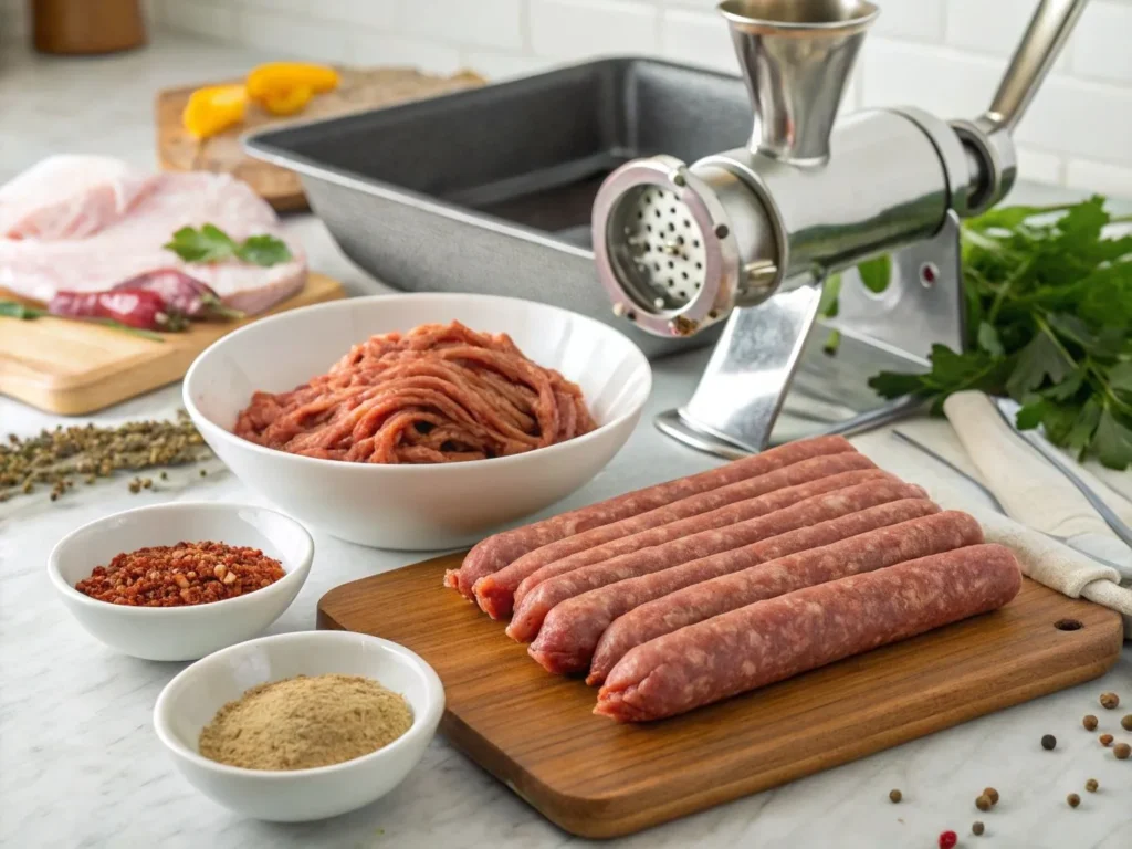 Beef and Cheese Sticks: 5 Easy Steps for Perfect Snacks 3 Fresh ground beef, spices, sausage casings, and a meat grinder set up for making homemade meat sticks.