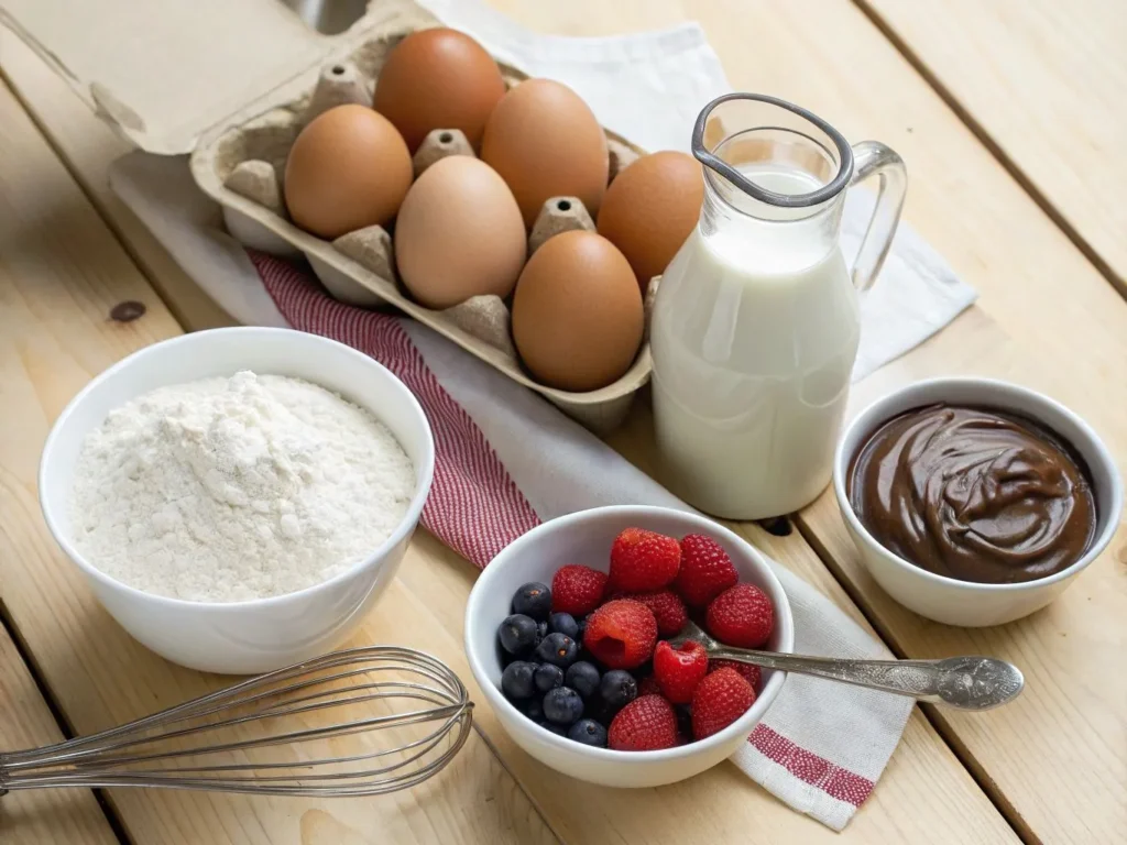 Nutella Crepe: 10 Tasty Twists for Next-Level Crepes 2 A stack of thin crepes with a jar of Nutella, fresh fruit, and whipped cream on a wooden countertop.