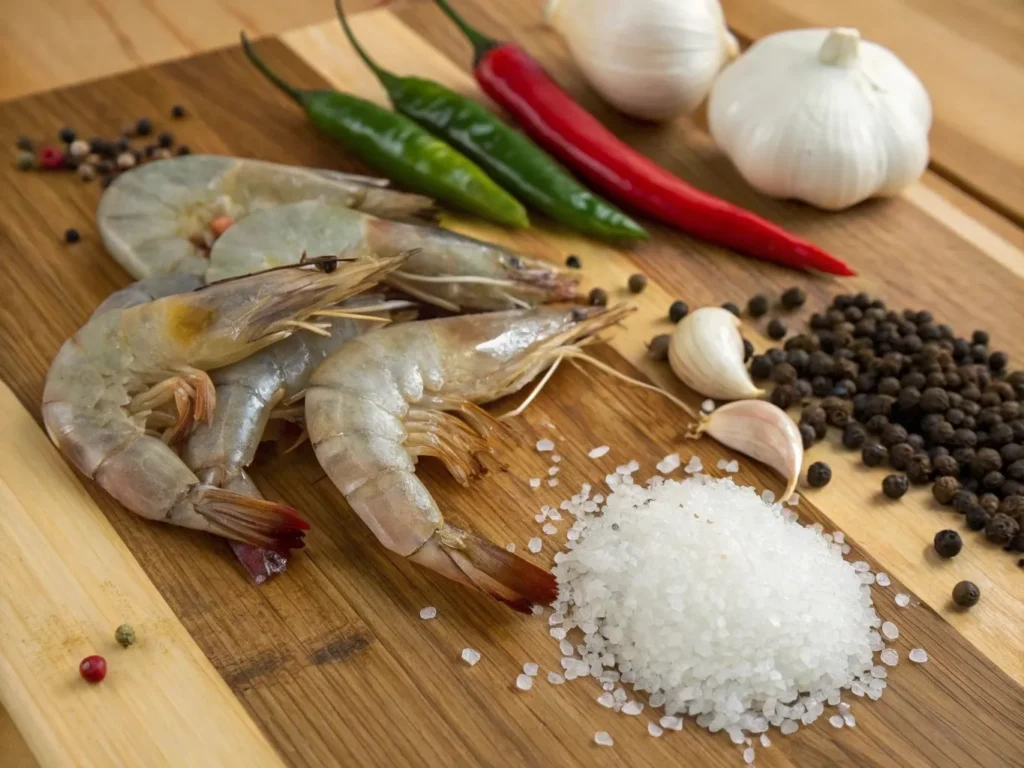 Salt and Pepper Shrimp: 7 Quick Tips for Bold, Savory Flavor 3 Fresh shrimp, salt, black pepper, white pepper, garlic, and chili peppers arranged on a wooden countertop.