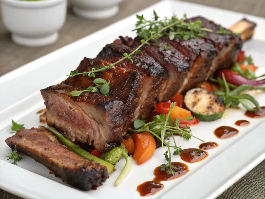 Boneless beef ribs recipe: How to make it 4 Glazed boneless beef ribs served with coleslaw and roasted corn in a cozy kitchen setting.
