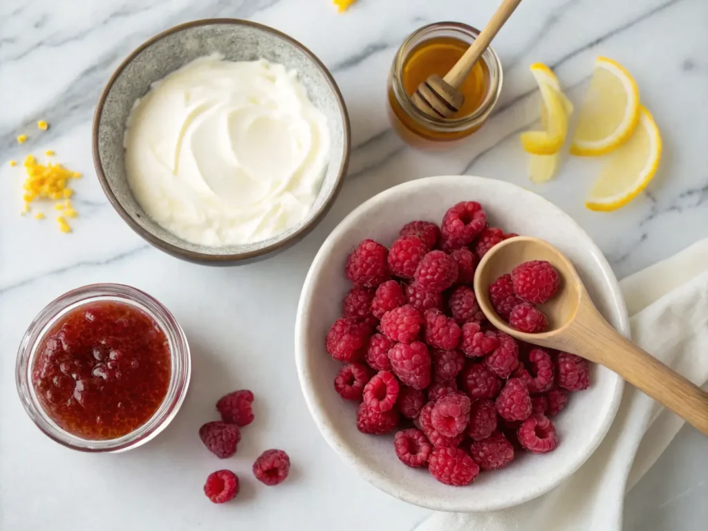 Raspberry Cream Recipe: How to Make It in 10 Minutes 2 Fresh raspberries, heavy cream, honey, and vanilla extract arranged on a marble countertop.