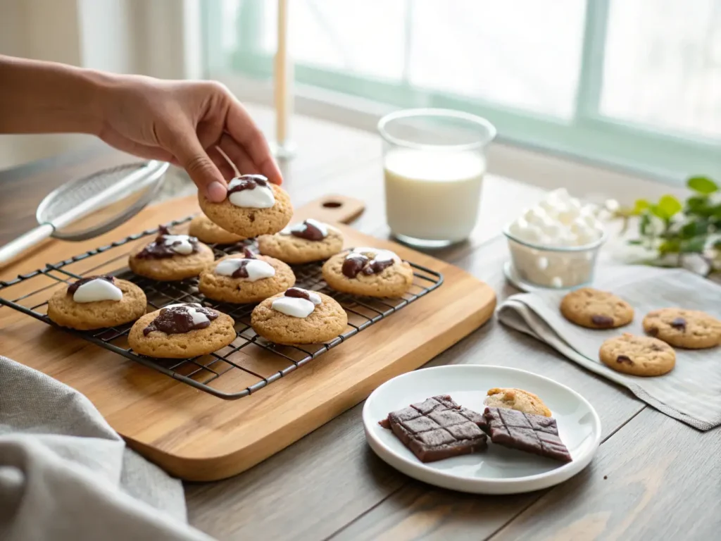 Smore cookie recipe: How to make it 5 Freshly baked s’mores cookies cooling on a rack, with a hand lifting one to show the gooey melted marshmallow inside.