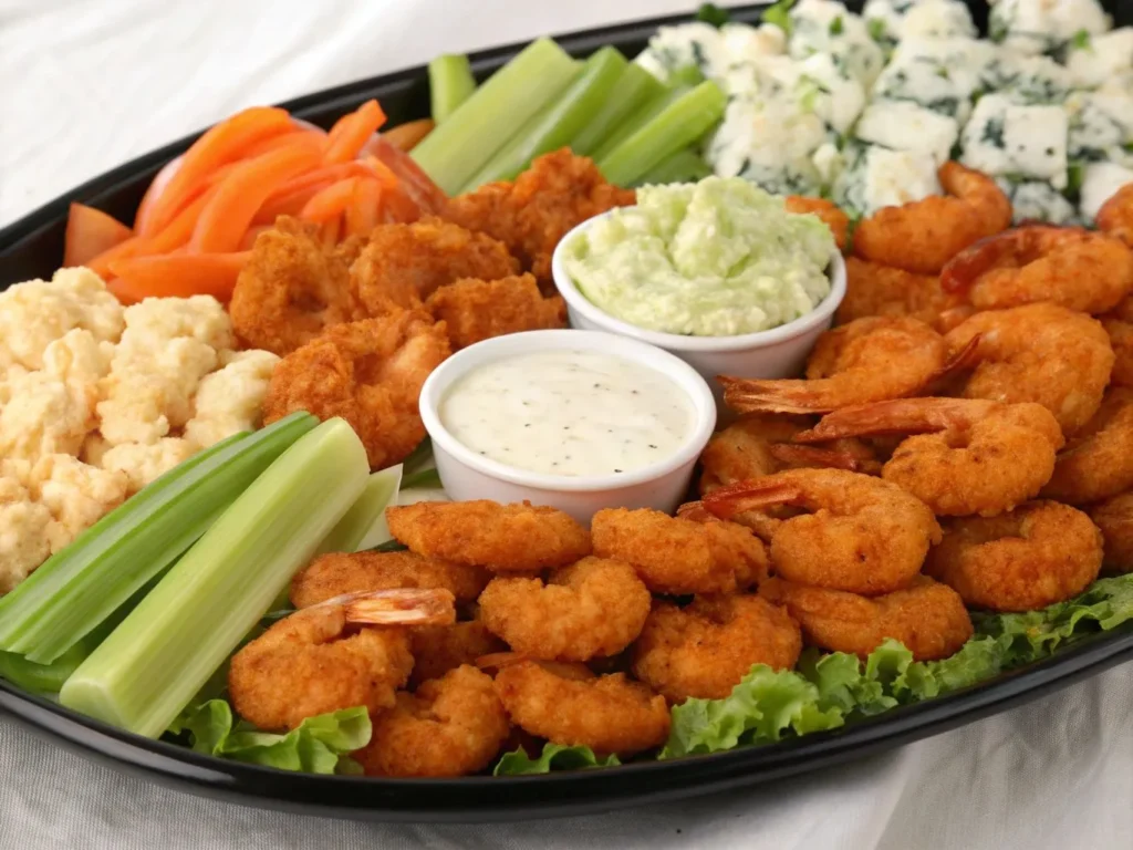 Buffalo Shrimp: 8 Add-Ins for Next-Level Party Platters 4 A vibrant Buffalo shrimp platter with celery, blue cheese, jalapeños, and crispy onion straws.