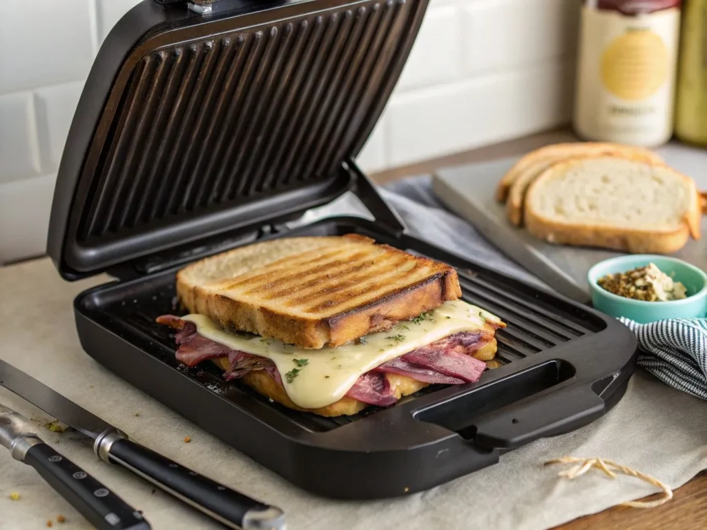 Hormel Roast Beef: 10 Tasty Recipes for Every Occasion 3 Hands pressing down a panini press, grilling a roast beef and provolone sandwich, with melted cheese oozing out.
