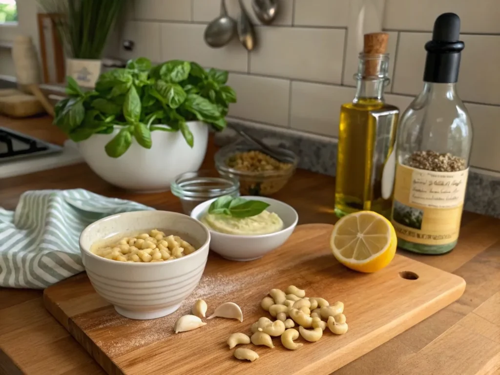 Healthy Creamy Pasta Sauce Ingredients A bowl of homemade healthy creamy pasta sauce with fresh ingredients like Greek yogurt, garlic, olive oil, and parmesan, placed on a wooden kitchen counter.