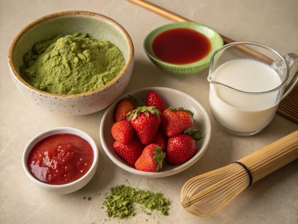 Strawberry Matcha Latte: A Beginner's Guide to Making it Right 11 Ingredients laid out for a strawberry matcha latte, including matcha powder, strawberries, milk, and sweetener.