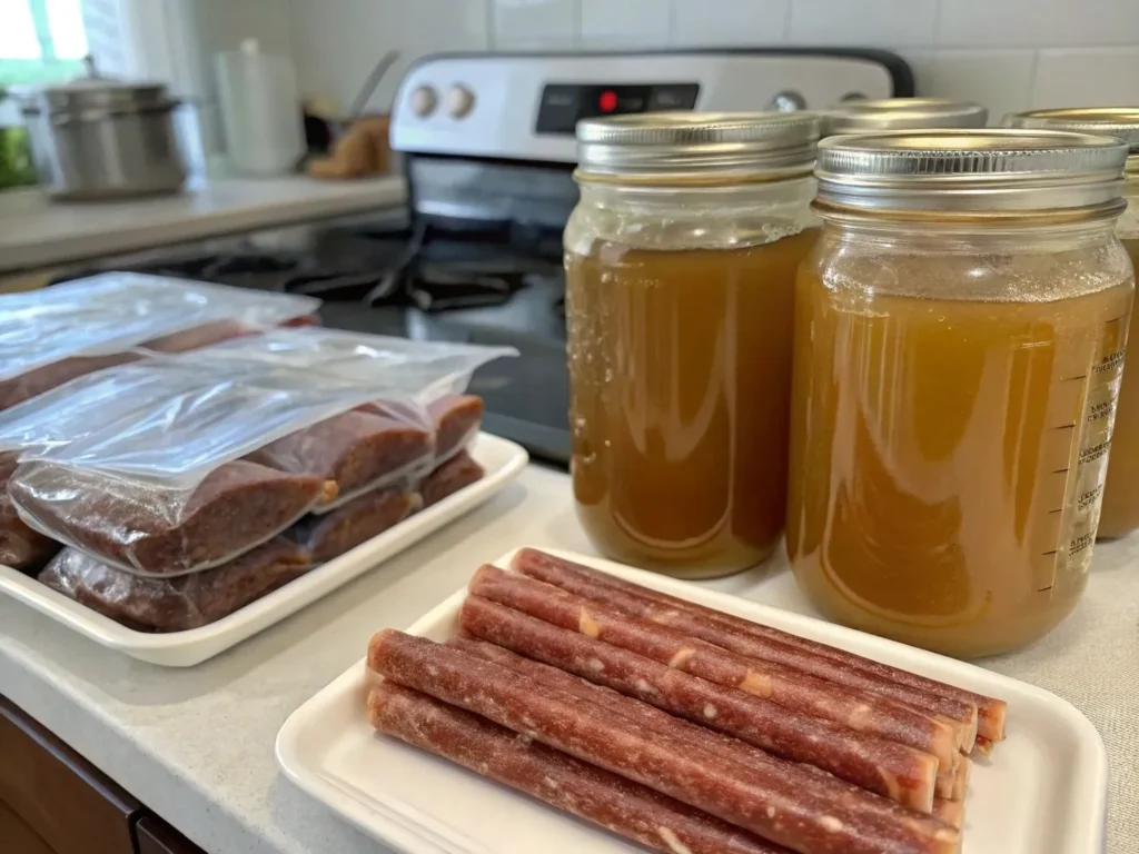 Beef Knuckle Bones: 10 Tasty Uses for Nutrient-Rich Meals 4 Jars of homemade beef bone broth and vacuum-sealed beef sticks ready for storage