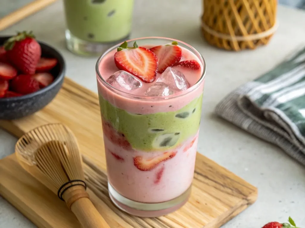 Strawberry Matcha Latte: A Beginner's Guide to Making it Right 12 A homemade strawberry matcha latte in a glass, with visible layers of pink strawberry milk and green matcha.