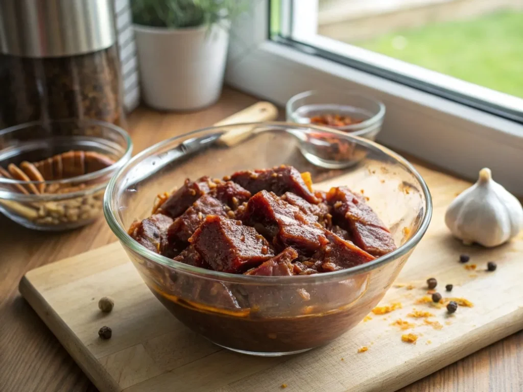 Beef Finger Meat: 5 Easy Recipes for Juicy, Flavorful Bites 2 A home cook’s hands marinating beef finger meat in a glass bowl, surrounded by fresh ingredients in a cozy kitchen.