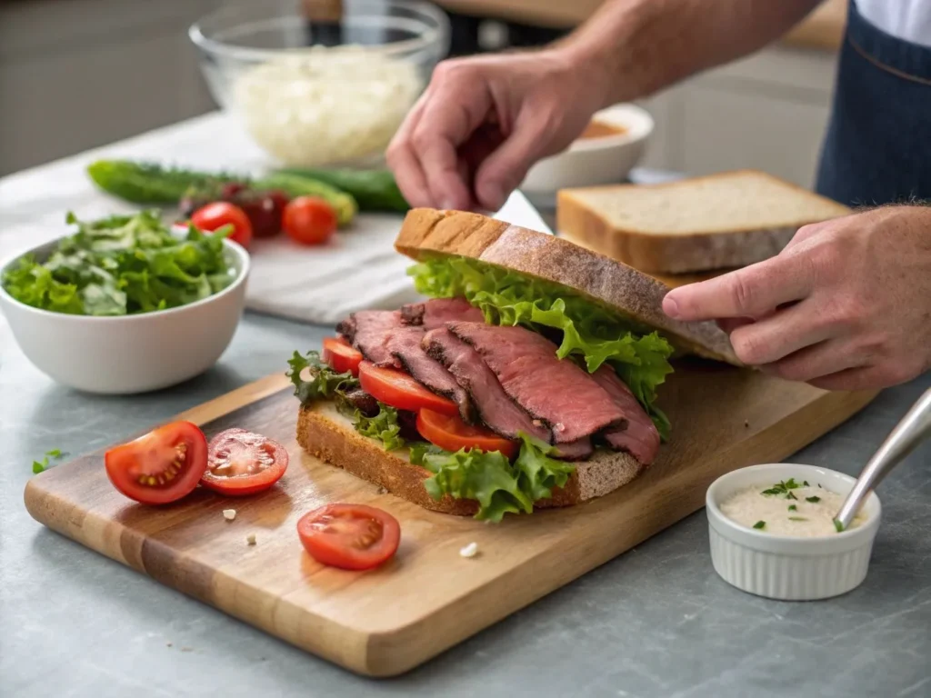 Hormel Roast Beef: 10 Tasty Recipes for Every Occasion 2 Hands slicing Hormel roast beef on a wooden cutting board, surrounded by fresh sandwich ingredients in a cozy home kitchen.