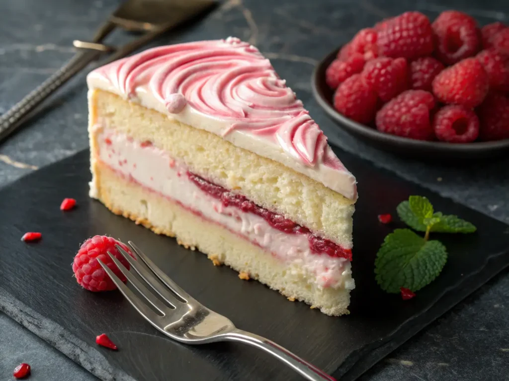 Raspberry Cream Recipe: How to Make It in 10 Minutes 4 A slice of vanilla cake with creamy raspberry topping, garnished with fresh raspberries.