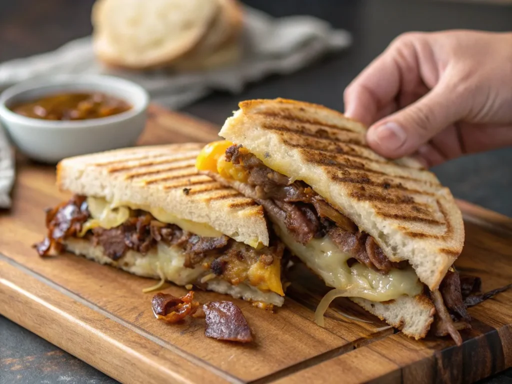 Hormel Roast Beef: 10 Tasty Recipes for Every Occasion 4 A crispy roast beef panini, cut in half, showing melted cheese and caramelized onions, with a hand reaching in to grab it.