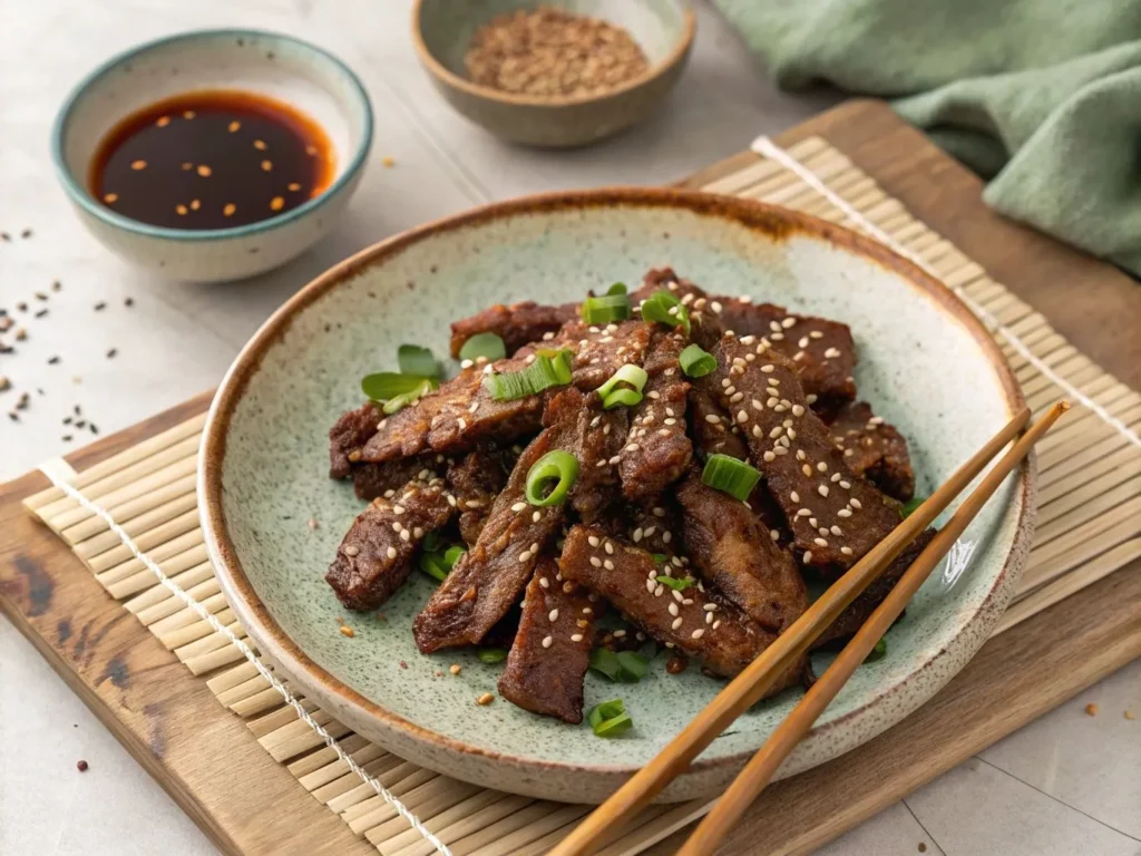 Beef Finger Meat: 5 Easy Recipes for Juicy, Flavorful Bites 4 A plate of perfectly cooked beef finger meat, garnished with sesame seeds and green onions, served with dipping sauce.