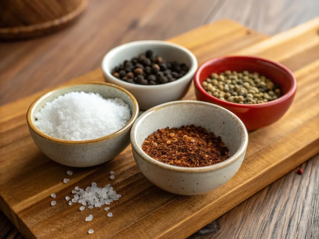 Salt and Pepper Shrimp: 7 Quick Tips for Bold, Savory Flavor 4 A mix of freshly ground spices, including salt, black pepper, white pepper, and chili flakes, in small bowls on a wooden surface.