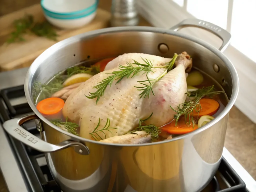 Jewish Chicken Soup Recipe: How to make it 3 Hands skimming broth from a large stockpot filled with chicken, carrots, and herbs.