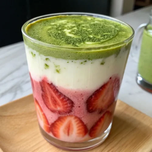 Strawberry Matcha Latte: A Beginner's Guide to Making it Right 13 A beautifully layered strawberry matcha latte in a glass, with fresh strawberry puree at the bottom, creamy milk in the middle, and vibrant green matcha on top.