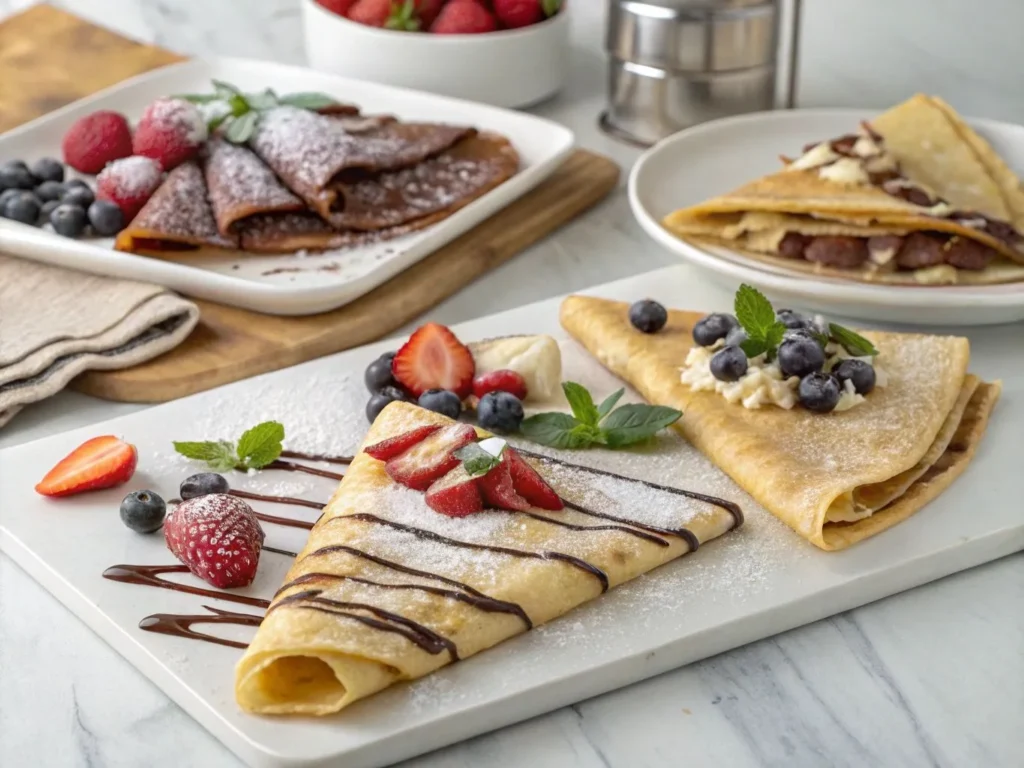 Nutella Crepe: 10 Tasty Twists for Next-Level Crepes 4 A plate of Nutella crepes with sweet toppings like strawberries and bananas, alongside a savory version with cheese and nuts.