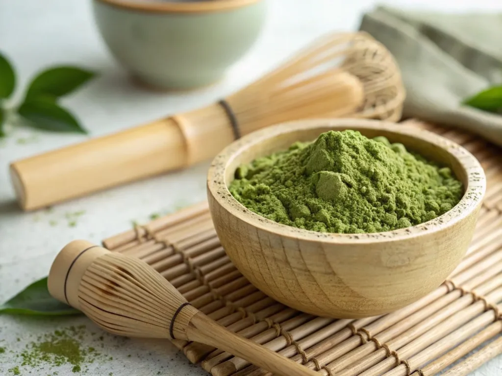 Strawberry Matcha Latte: A Beginner's Guide to Making it Right 10 A bowl of vibrant green matcha powder with a traditional bamboo whisk beside it on a wooden surface.