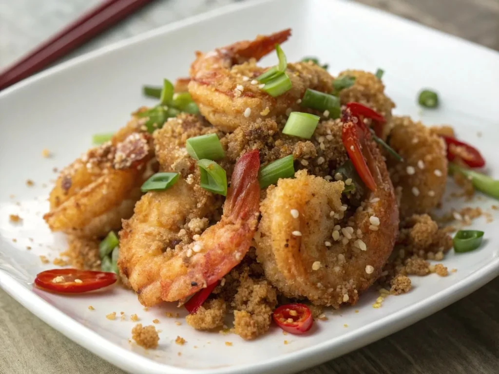Salt and Pepper Shrimp: 7 Quick Tips for Bold, Savory Flavor 2 Crispy Cantonese-style salt and pepper shrimp garnished with red chilies and green onions on a white plate
