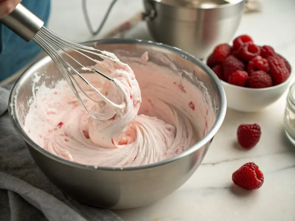 Raspberry Cream Recipe: How to Make It in 10 Minutes 3 A bowl of whipped raspberry cream being mixed with a spatula.