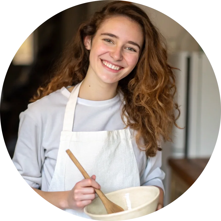 Emma, the chef of Value Recipe, smiling while holding a mixing bowl and wooden spoon in a cozy kitchen.