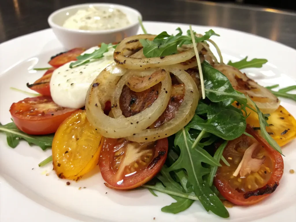 Steakette Burger: 7 Quick Tips for Best Gourmet Taste 3 A fresh salad with roasted heirloom tomatoes, caramelized onions, arugula, and a side of creamy burrata cheese, drizzled with olive oil and herbs.