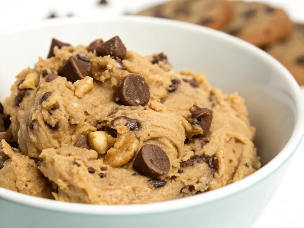 Protein Cookie Dough Recipe: 5 Easy Steps for Healthy Snacks 2 Close-up of a creamy protein cookie dough with chocolate chips and chopped nuts in a bowl, ready to eat.