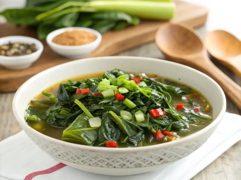 Gumbo Greens Recipe: How to Make It in 30 Minutes 2 A bowl of Gumbo Greens soup garnished with chopped green onions and red peppers, served with wooden spoons and fresh ingredients in the background.