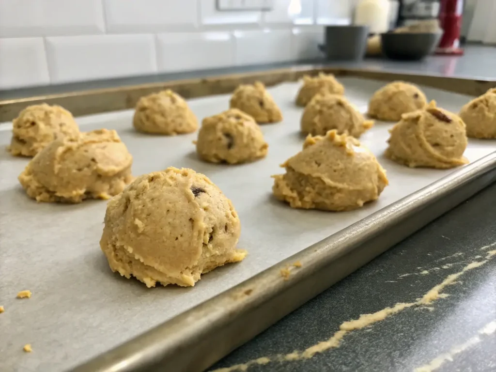 Protein Cookie Dough Recipe: 5 Easy Steps for Healthy Snacks 5 Scoops of protein cookie dough neatly placed on a parchment-lined baking sheet.