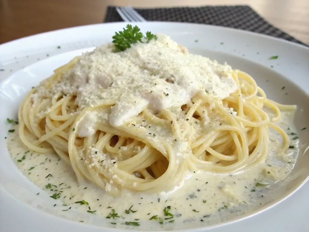 Spaghetti with alfredo sauce: how to make it 2 Spaghetti with alfredo sauce topped with grated Parmesan cheese and garnished with fresh parsley.